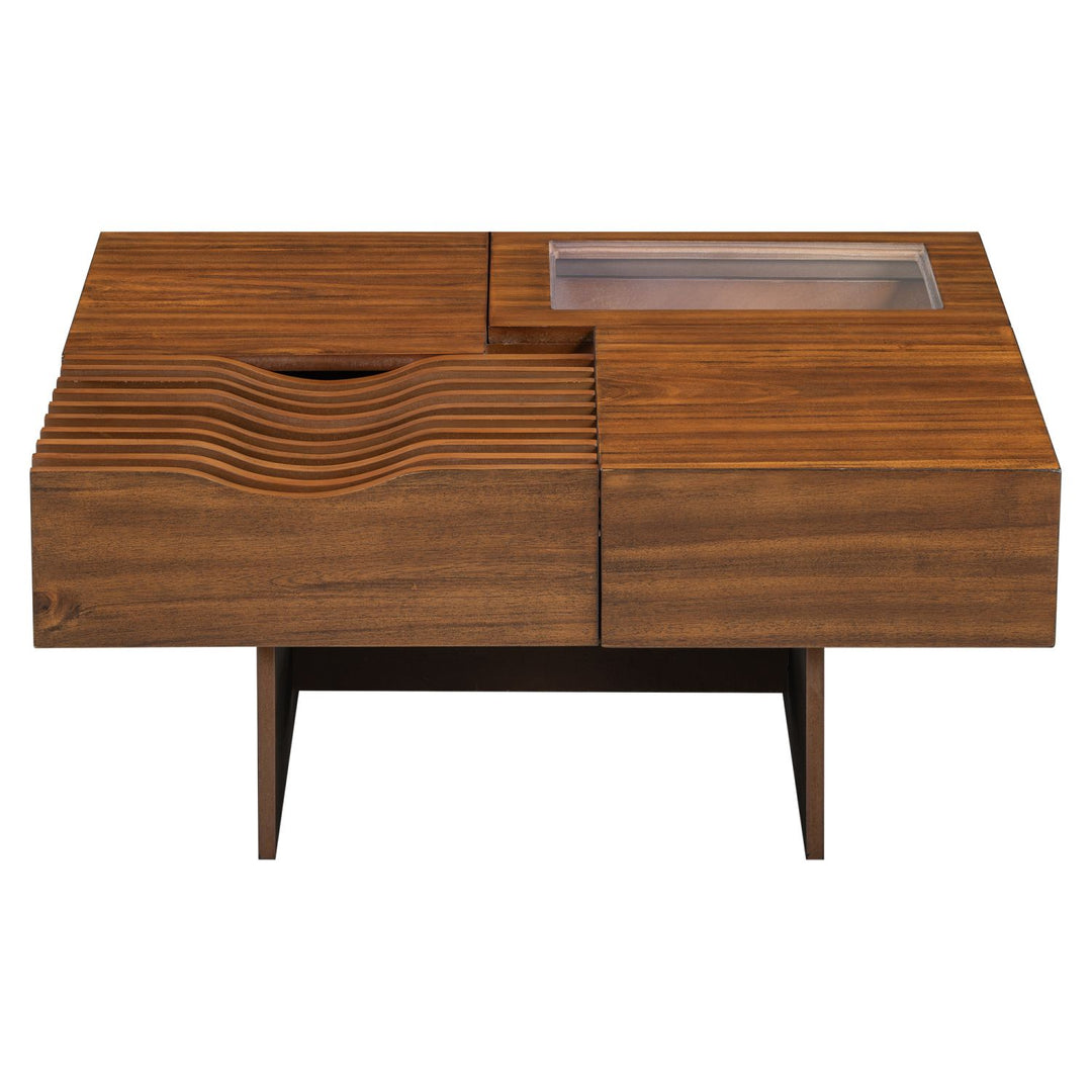 U-Can 33''Mid Century Modern Coffee Table,Unique Square Wooden Coffee Table with 3 Drawers, Tempered glass and Solid Wood Legs for Living Room