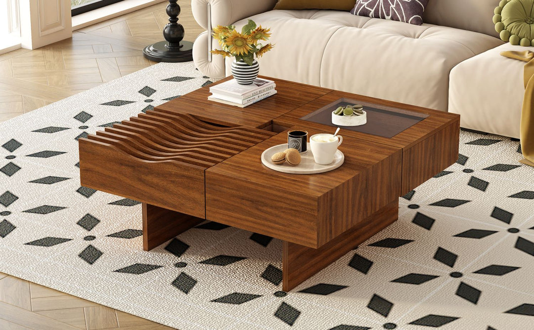 U-Can 33''Mid Century Modern Coffee Table,Unique Square Wooden Coffee Table with 3 Drawers, Tempered glass and Solid Wood Legs for Living Room