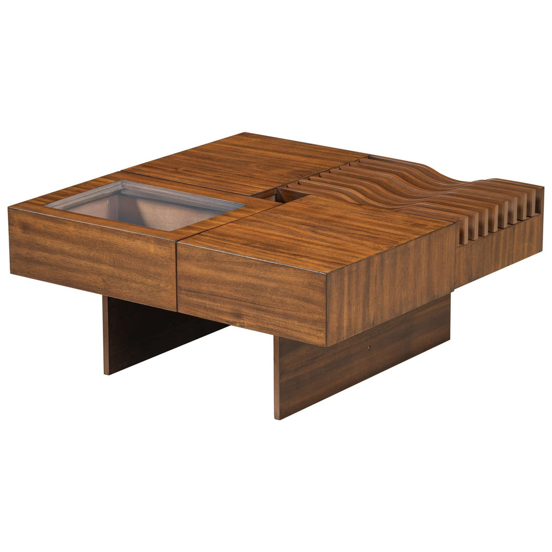 U-Can 33''Mid Century Modern Coffee Table,Unique Square Wooden Coffee Table with 3 Drawers, Tempered glass and Solid Wood Legs for Living Room