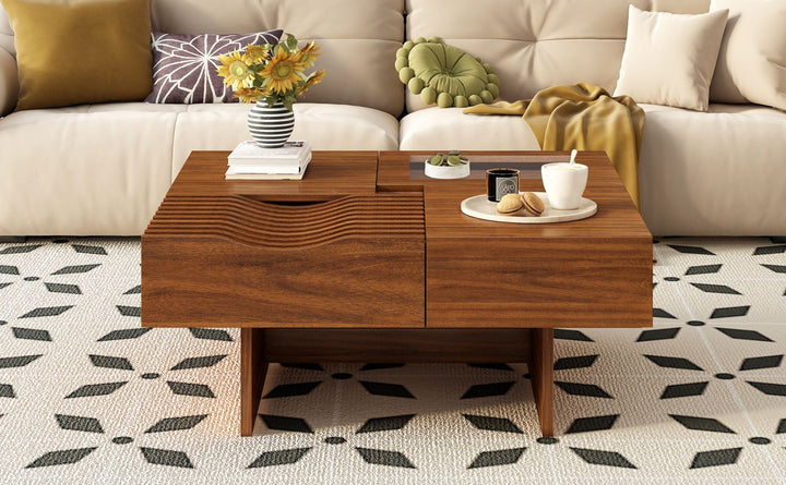 U-Can 33''Mid Century Modern Coffee Table,Unique Square Wooden Coffee Table with 3 Drawers, Tempered glass and Solid Wood Legs for Living Room