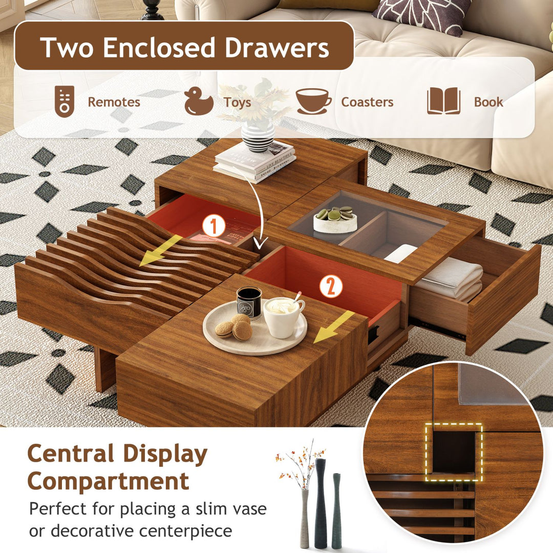 U-Can 33''Mid Century Modern Coffee Table,Unique Square Wooden Coffee Table with 3 Drawers, Tempered glass and Solid Wood Legs for Living Room