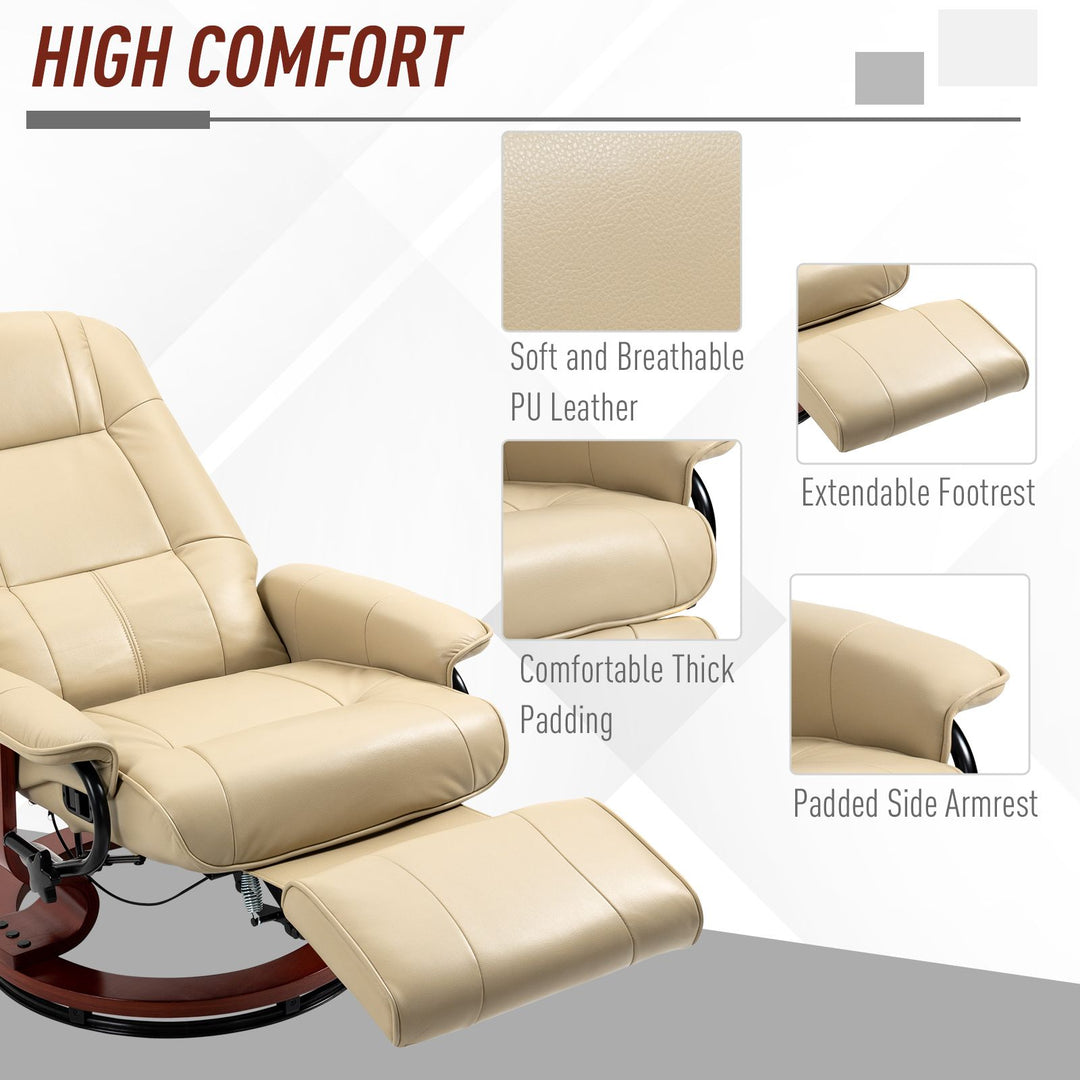 HOMCOM Leather Manual Recliner, Adjustable Swivel Lounge Chair with Footrest, Armrest and Wrapped Wood Base for Living Room, Cream White