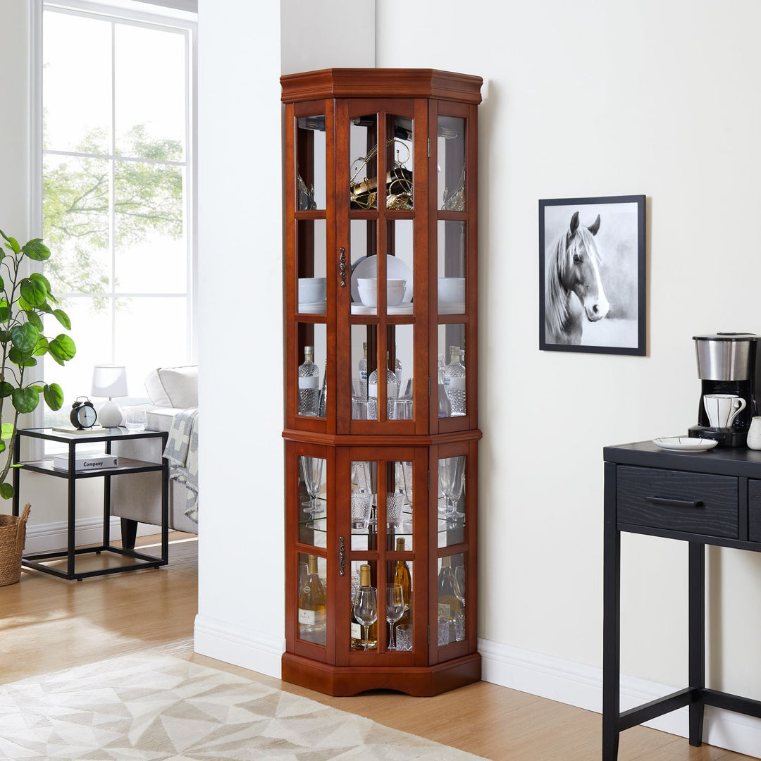Corner Curio Cabinet with 5 Shelves and Lighting System, Walnut(E26 light bulb not included)