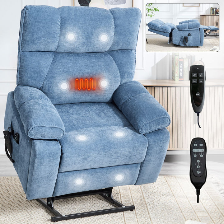 Blue Heat Massage Dual Motor Infinite Position Up to 350 LBS Large Electric Power Lift Recliners with Hidden Cup Holders, Power-Remote, Medium-firm and Heavy Duty