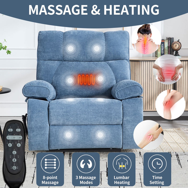 Blue Heat Massage Dual Motor Infinite Position Up to 350 LBS Large Electric Power Lift Recliners with Hidden Cup Holders, Power-Remote, Medium-firm and Heavy Duty