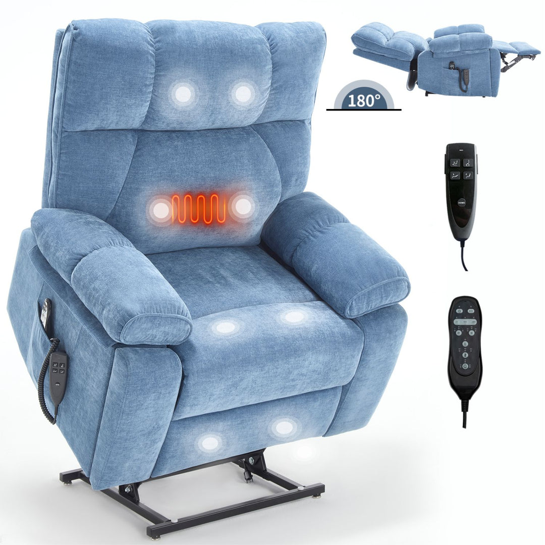 Blue Heat Massage Dual Motor Infinite Position Up to 350 LBS Large Electric Power Lift Recliners with Hidden Cup Holders, Power-Remote, Medium-firm and Heavy Duty