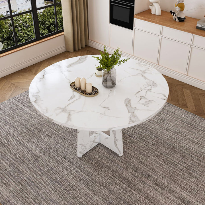47.24" Round Dining Table for 4 - Farmhouse MDF Table with Marble White Finish, 300lb Capacity, Easy Assembly for Kitchen/Dining Room - Modern Spiced Table