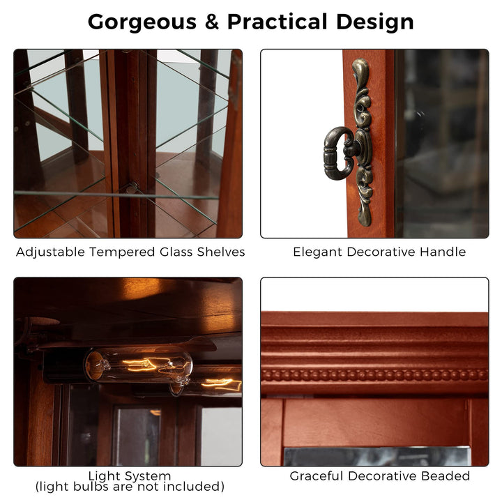 Corner Curio Cabinet with Lights, Adjustable Tempered Glass Shelves, Mirrored Back, Display Cabinet,Walnut (E26 light bulb not included)
