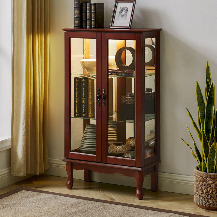 Curio Cabinet Lighted Curio Diapaly Cabinet with Adjustable Shelves and Mirrored Back Panel, Tempered Glass Doors (Cherry, 3 Tier), (E26 light bulb not included)
