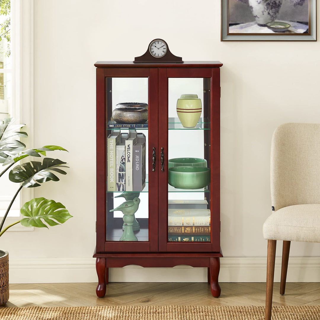 Curio Cabinet Lighted Curio Diapaly Cabinet with Adjustable Shelves and Mirrored Back Panel, Tempered Glass Doors (Cherry, 3 Tier), (E26 light bulb not included)