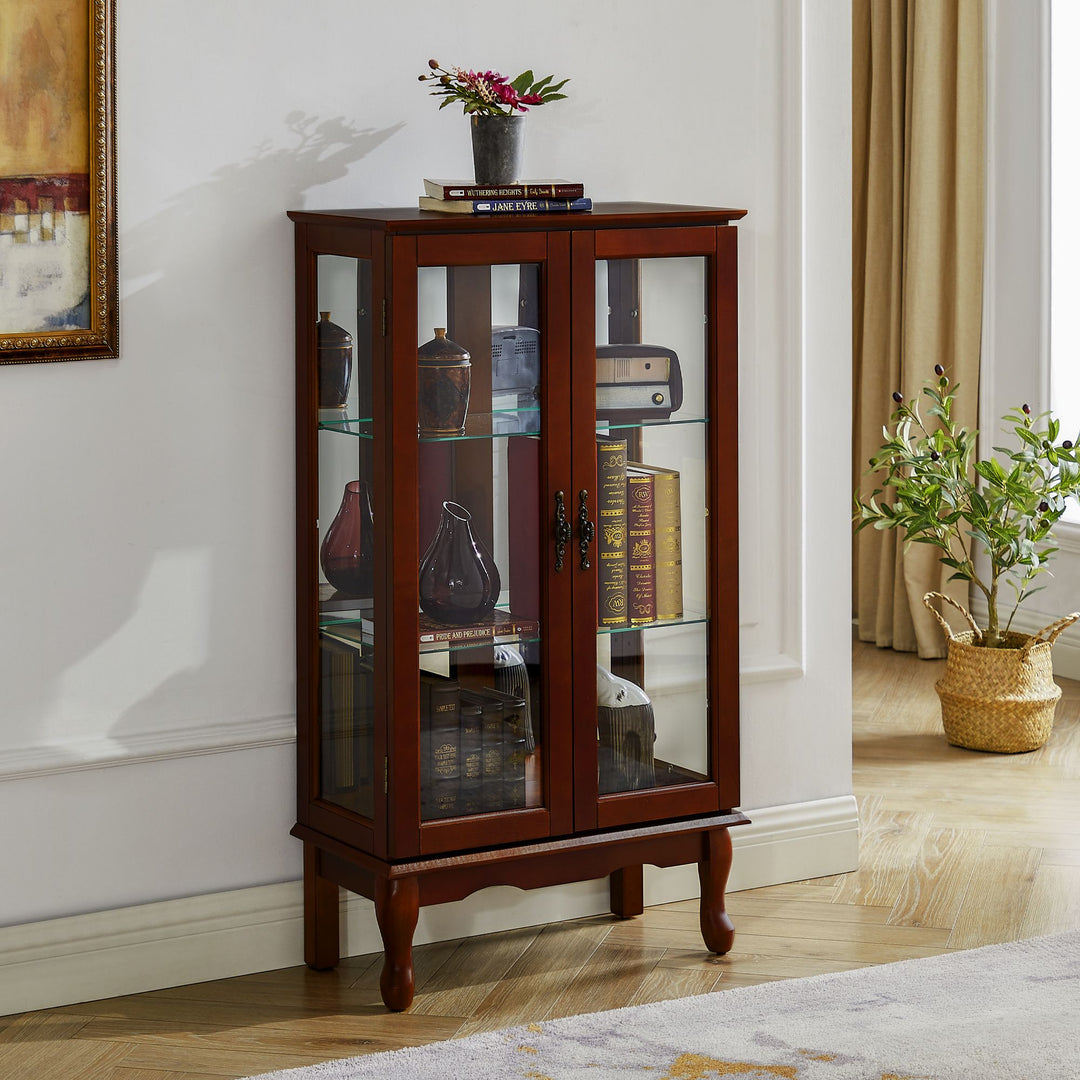 Curio Cabinet Lighted Curio Diapaly Cabinet with Adjustable Shelves and Mirrored Back Panel, Tempered Glass Doors (Cherry, 3 Tier), (E26 light bulb not included)