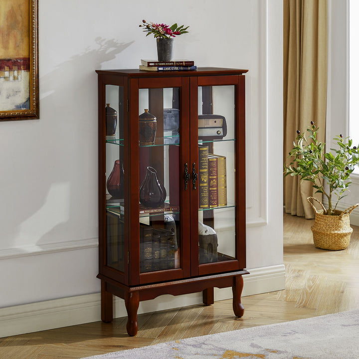 Curio Cabinet Lighted Curio Diapaly Cabinet with Adjustable Shelves and Mirrored Back Panel, Tempered Glass Doors (Cherry, 3 Tier), (E26 light bulb not included)