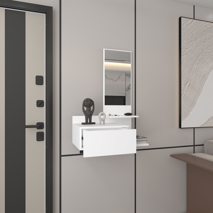 Floating Hallway Cabinet 36.2" H, 1 Drawer, 3 Shelves, 1 Mirror, White