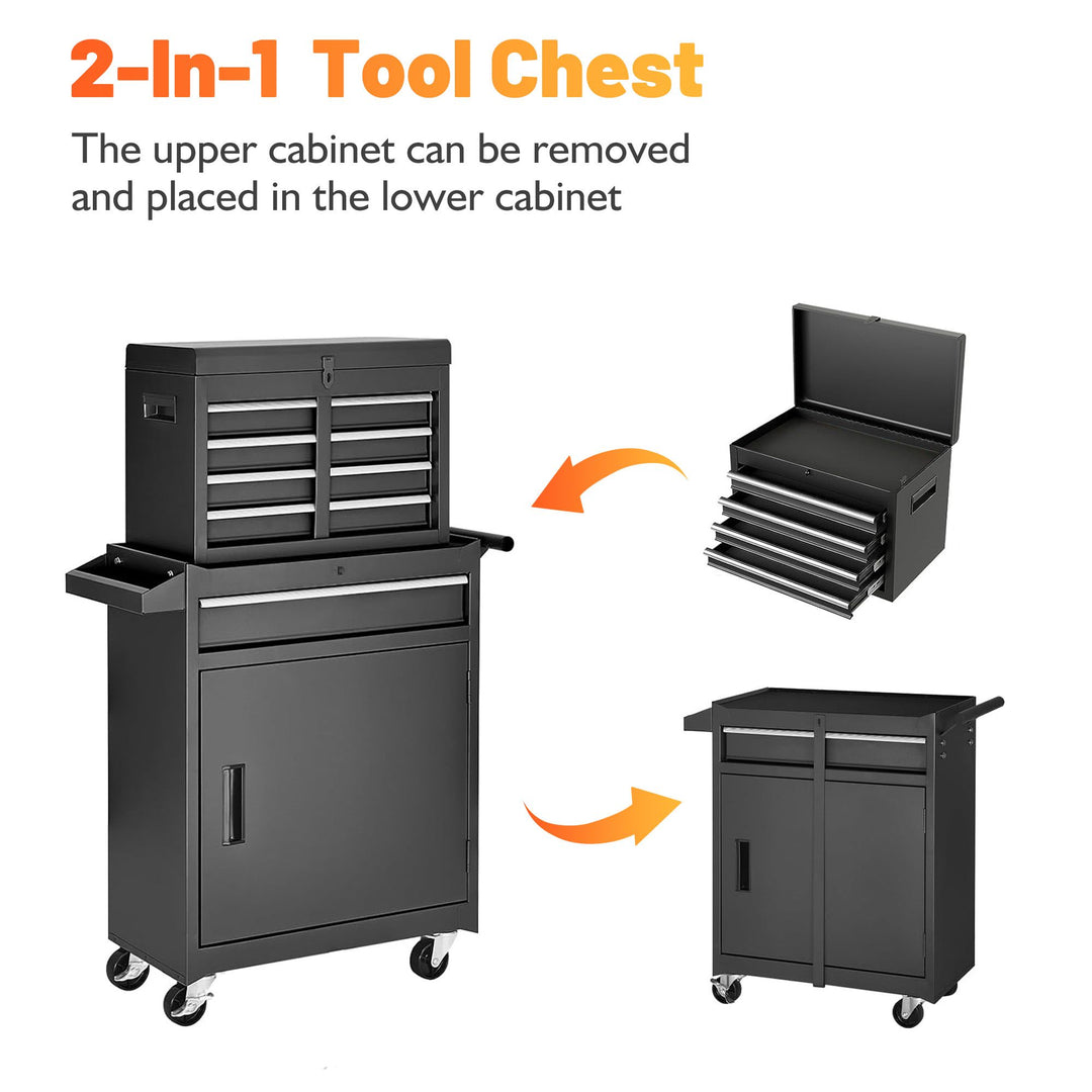 Tool Chest, 5-Drawer Rolling Tool Storage Cabinet with Detachable Top Tool Box, Liner, Universal Lockable Wheels, Adjustable Shelf, Locking Mechanism, Metal Tool Cart for Garage Workshop