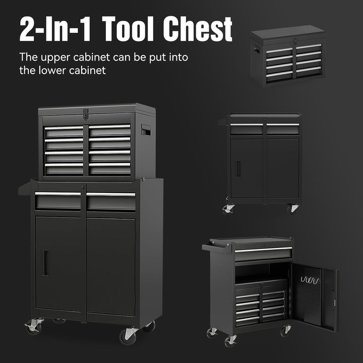 Tool Chest, 5-Drawer Rolling Tool Storage Cabinet with Detachable Top Tool Box, Liner, Universal Lockable Wheels, Adjustable Shelf, Locking Mechanism, Metal Tool Cart for Garage Workshop