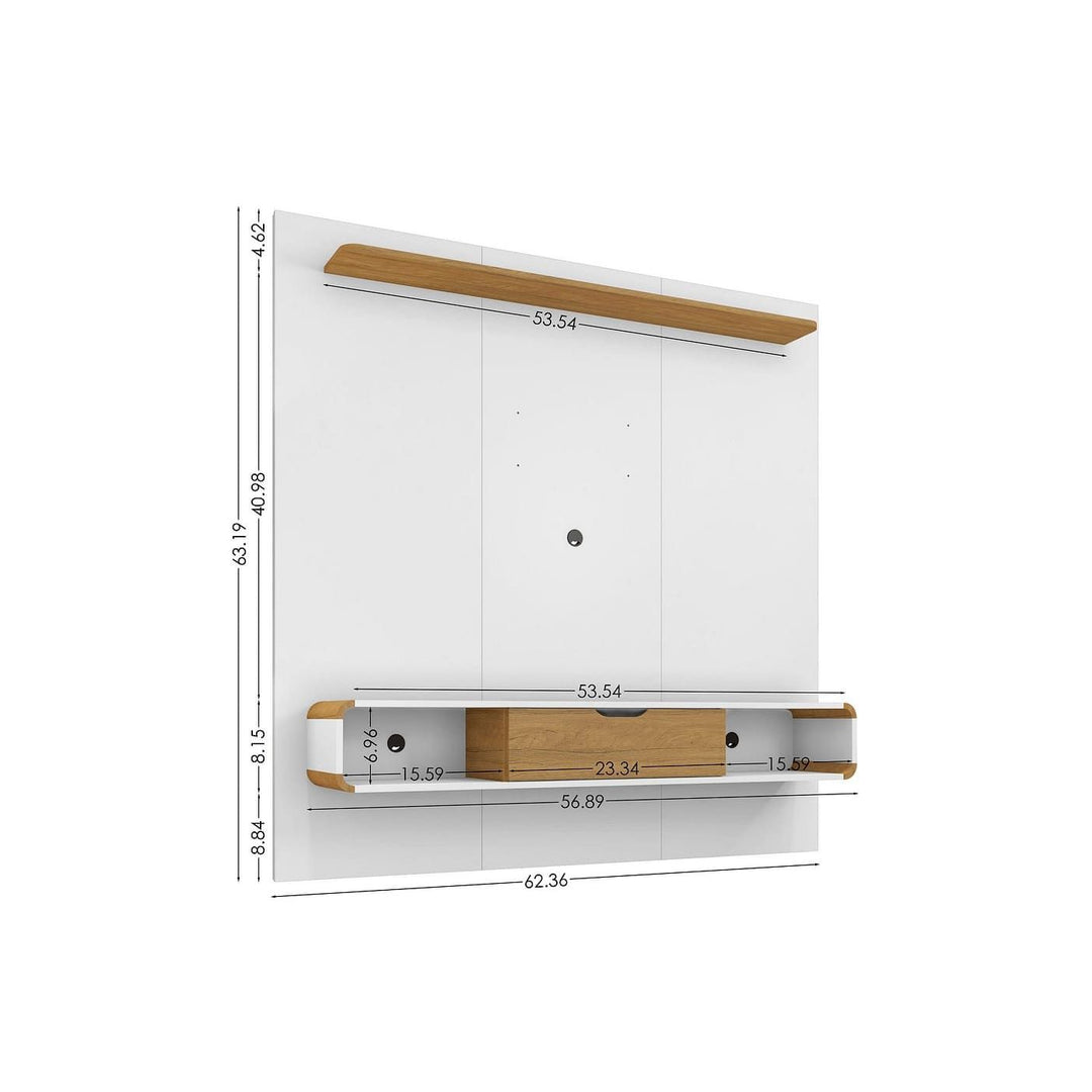 Manhattan Comfort Camberly 62.36 Floating Entertainment Center with 3 Shelves and Overhead Decor Shelf in White and Cinnamon