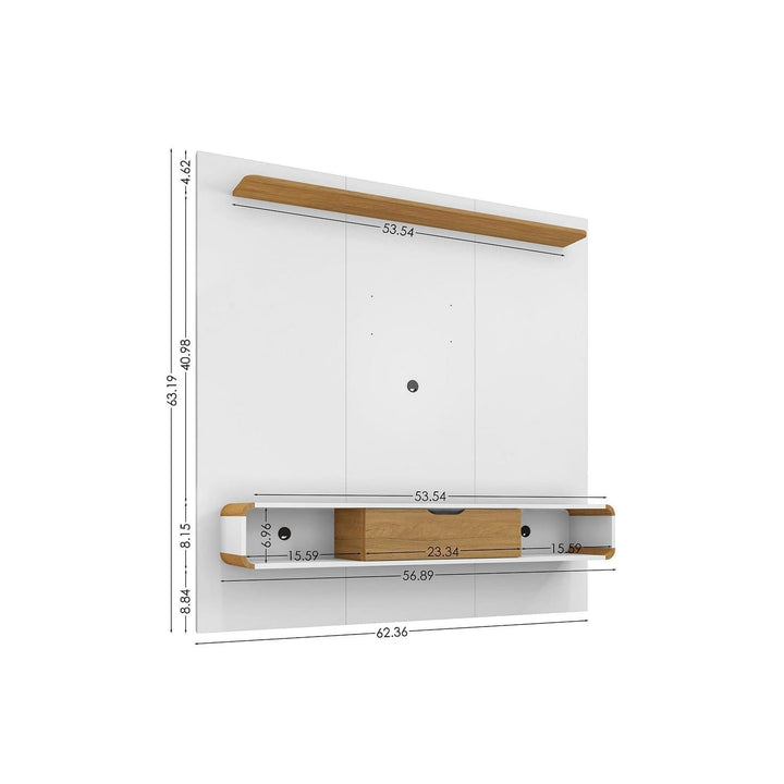 Manhattan Comfort Camberly 62.36 Floating Entertainment Center with 3 Shelves and Overhead Decor Shelf in White and Cinnamon