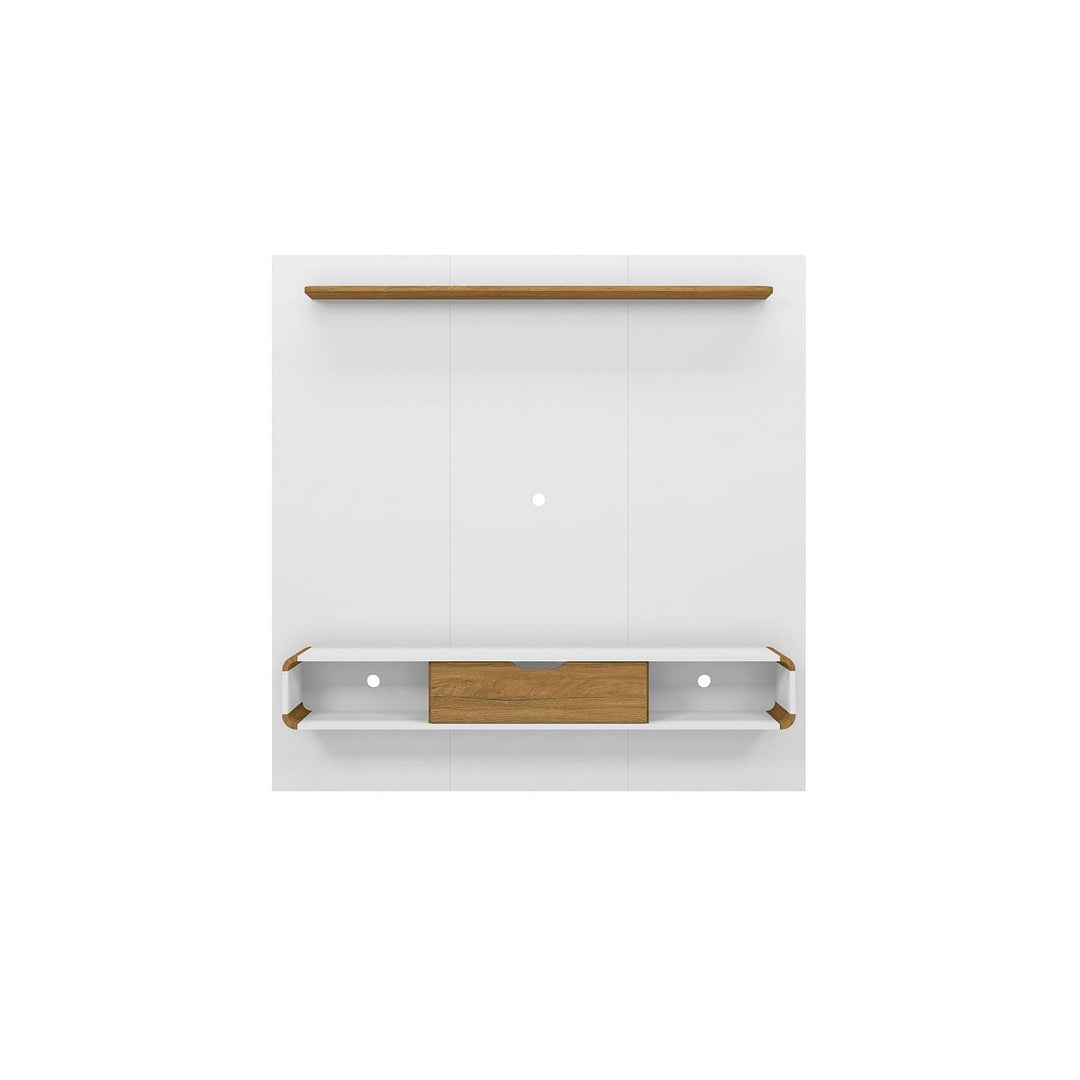 Manhattan Comfort Camberly 62.36 Floating Entertainment Center with 3 Shelves and Overhead Decor Shelf in White and Cinnamon