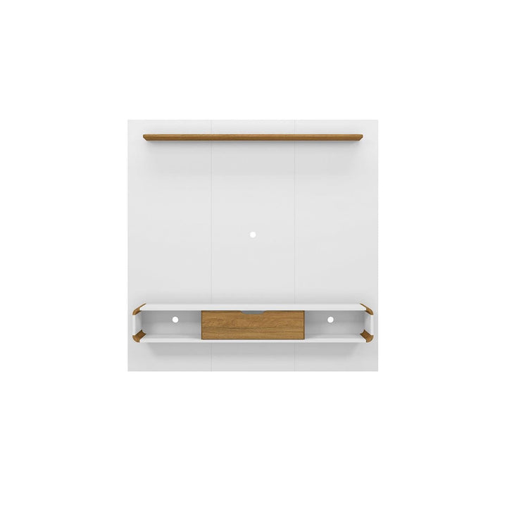 Manhattan Comfort Camberly 62.36 Floating Entertainment Center with 3 Shelves and Overhead Decor Shelf in White and Cinnamon