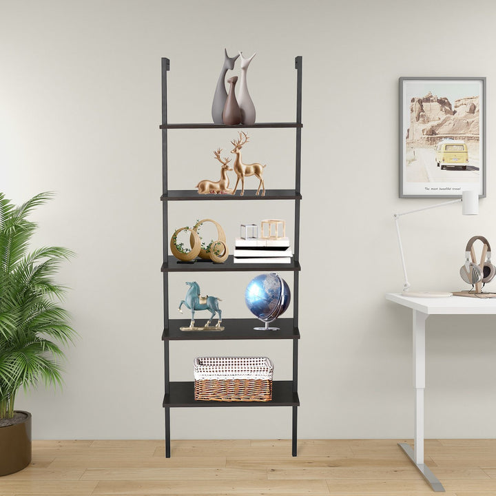 5-Shelf Wood Ladder Bookcase with Metal Frame Industrial 5-Tier Modern Ladder Shelf
