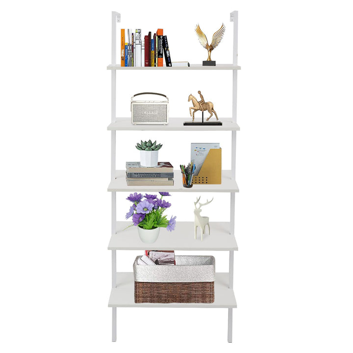 5-Shelf Wood Ladder Bookcase with Metal Frame Industrial 5-Tier Modern Ladder Shelf