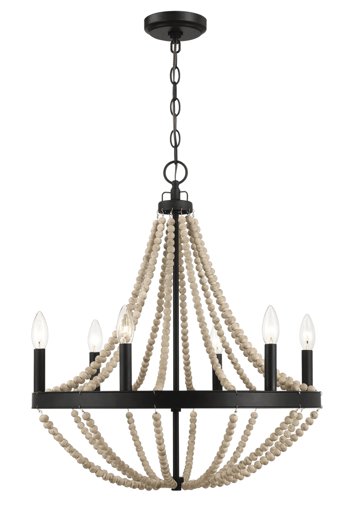 Starry Wood Chandelier Farmhouse Six Candle Light Wood Beaded Black Pendant Light for Dining Room