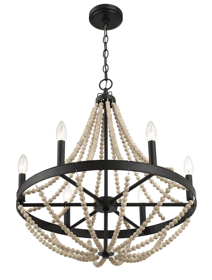 Starry Wood Chandelier Farmhouse Six Candle Light Wood Beaded Black Pendant Light for Dining Room