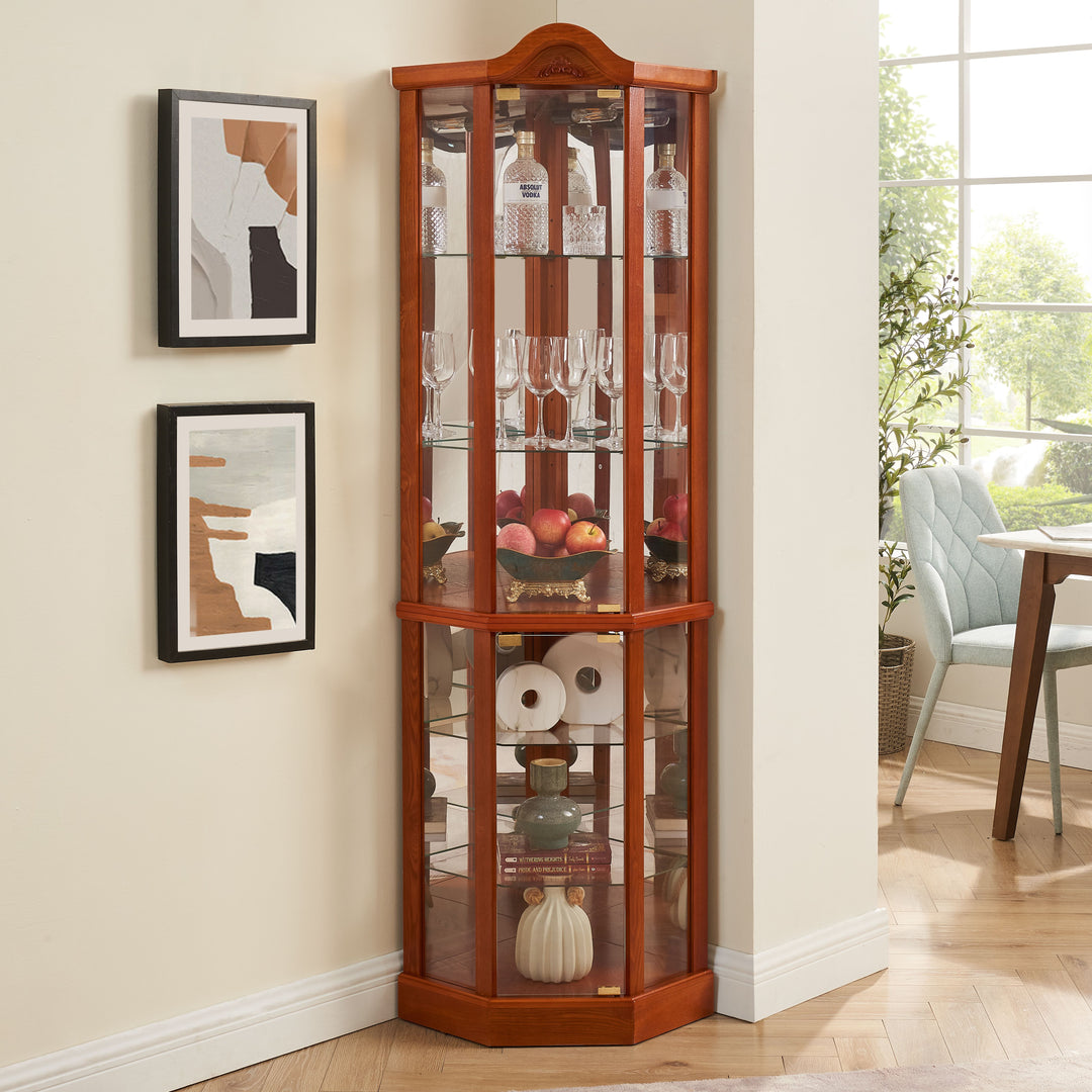Glass Cabinet Lighted Corner Cabinet Corner Display Curio Cabinet, Glass Display With Light(Included)Bar Cabinet,Wine Cabinet with Adjustable Glass Shelves Carved Decoration Cherry Light(Included)