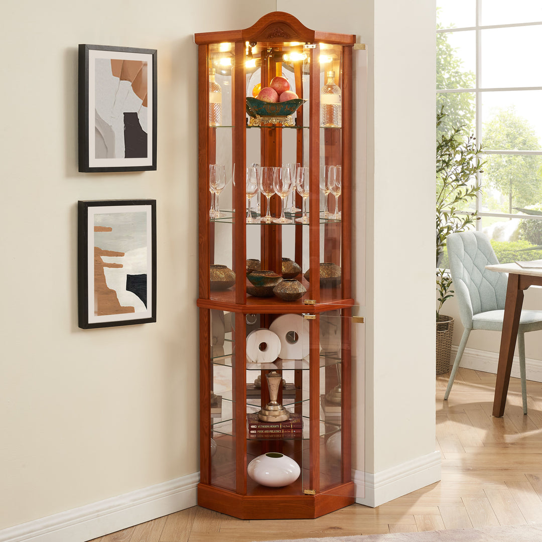 Glass Cabinet Lighted Corner Cabinet Corner Display Curio Cabinet, Glass Display With Light(Included)Bar Cabinet,Wine Cabinet with Adjustable Glass Shelves Carved Decoration Cherry Light(Included)