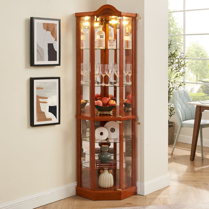 Glass Cabinet Lighted Corner Cabinet Corner Display Curio Cabinet, Glass Display With Light(Included)Bar Cabinet,Wine Cabinet with Adjustable Glass Shelves Carved Decoration Cherry Light(Included)