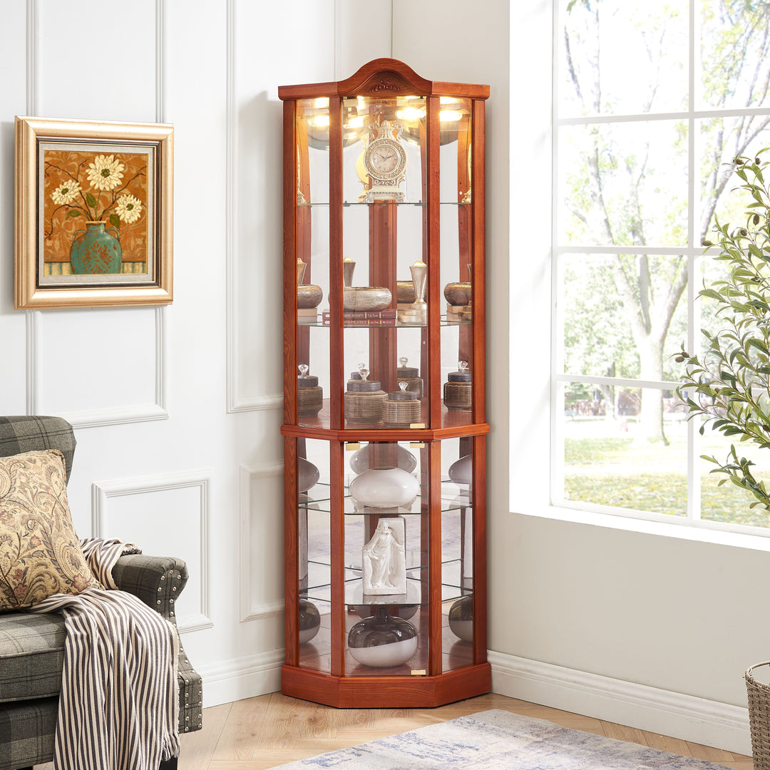 Glass Cabinet Lighted Corner Cabinet Corner Display Curio Cabinet, Glass Display With Light(Included)Bar Cabinet,Wine Cabinet with Adjustable Glass Shelves Carved Decoration Cherry Light(Included)