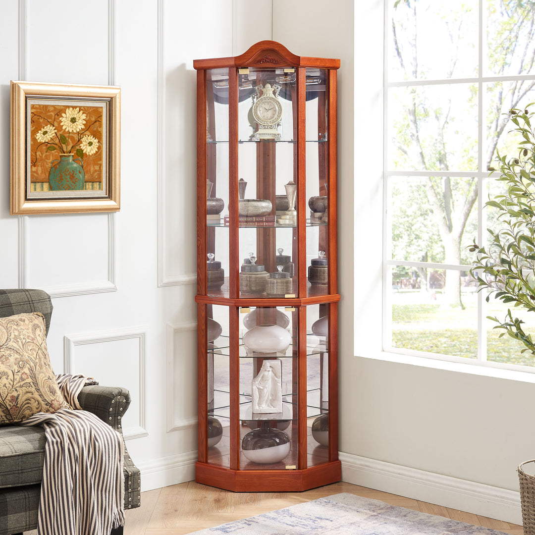 Glass Cabinet Lighted Corner Cabinet Corner Display Curio Cabinet, Glass Display With Light(Included)Bar Cabinet,Wine Cabinet with Adjustable Glass Shelves Carved Decoration Cherry Light(Included)