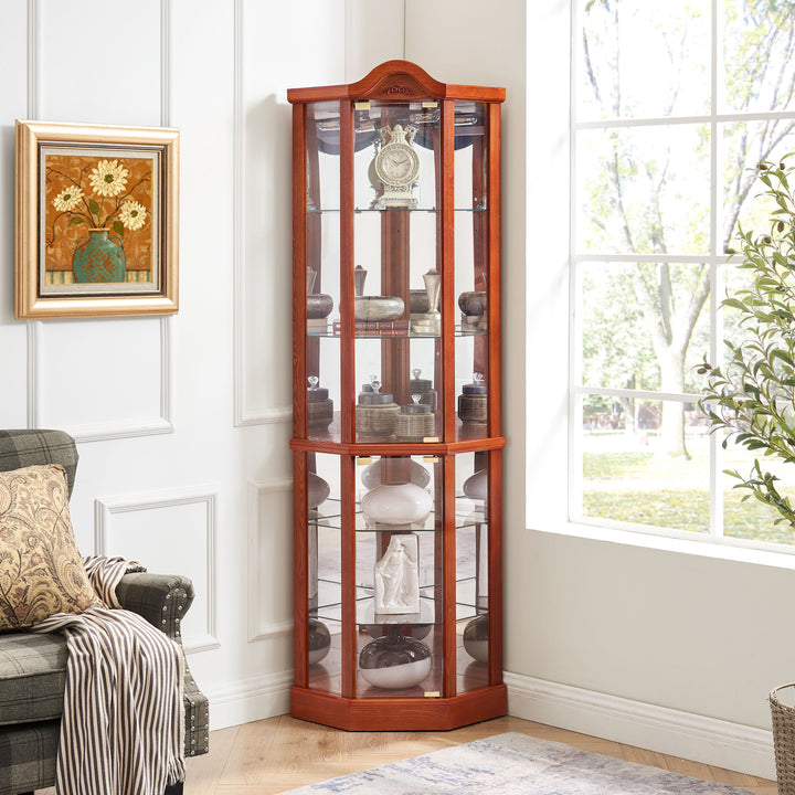 Glass Cabinet Lighted Corner Cabinet Corner Display Curio Cabinet, Glass Display With Light(Included)Bar Cabinet,Wine Cabinet with Adjustable Glass Shelves Carved Decoration Cherry Light(Included)