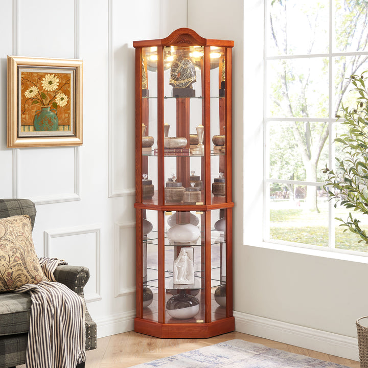 Glass Cabinet Lighted Corner Cabinet Corner Display Curio Cabinet, Glass Display With Light(Included)Bar Cabinet,Wine Cabinet with Adjustable Glass Shelves Carved Decoration Cherry Light(Included)