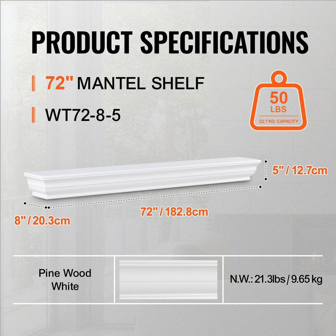 VEVOR Fireplace Mantel Wood Shelf Floating Living Room Mantel Shelf 72" White