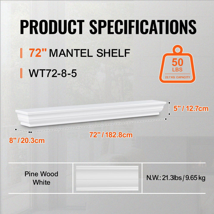 VEVOR Fireplace Mantel Wood Shelf Floating Living Room Mantel Shelf 72" White