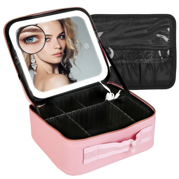 Travel Makeup Bag with LED Mirror Makeup Case Organizer with 3 Light Colors Adjustable Dividers Brush Holder Magnifying Mirror Dimmable USB Rechargeable