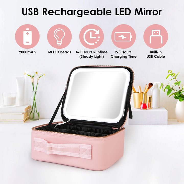 Travel Makeup Bag with LED Mirror Makeup Case Organizer with 3 Light Colors Adjustable Dividers Brush Holder Magnifying Mirror Dimmable USB Rechargeable