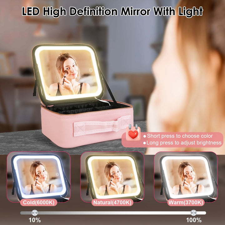 Travel Makeup Bag with LED Mirror Makeup Case Organizer with 3 Light Colors Adjustable Dividers Brush Holder Magnifying Mirror Dimmable USB Rechargeable