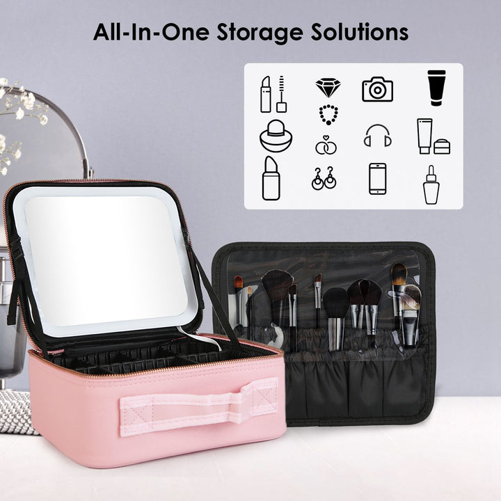 Travel Makeup Bag with LED Mirror Makeup Case Organizer with 3 Light Colors Adjustable Dividers Brush Holder Magnifying Mirror Dimmable USB Rechargeable