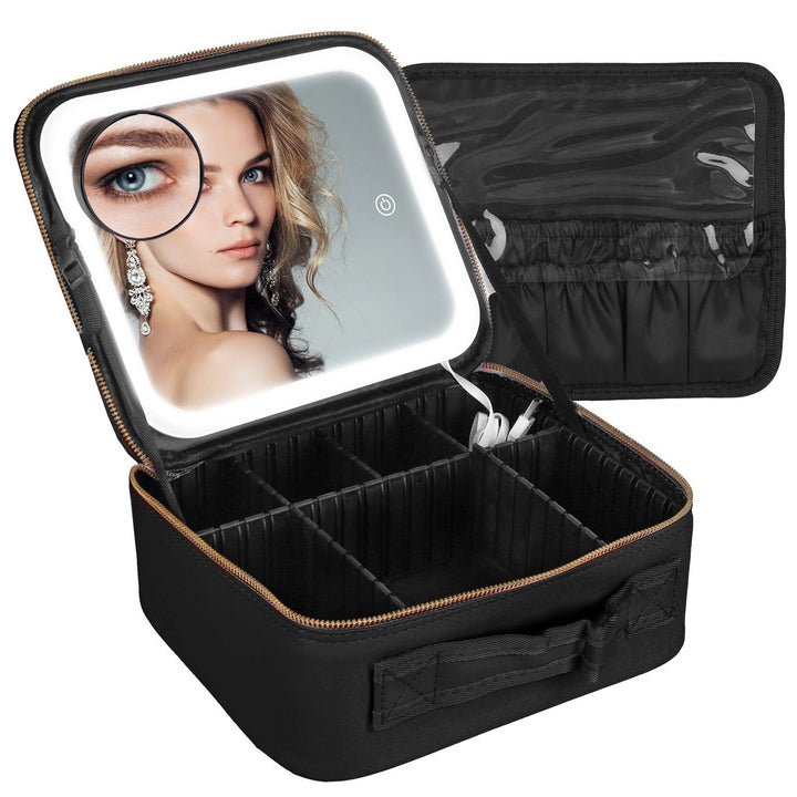 Travel Makeup Bag with LED Mirror Makeup Case Organizer with 3 Light Colors Adjustable Dividers Brush Holder Magnifying Mirror Dimmable USB Rechargeable