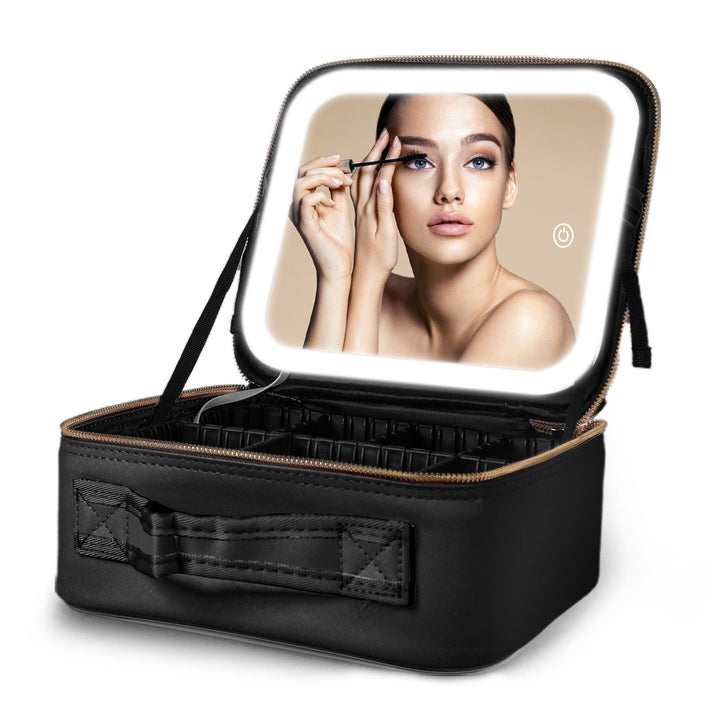 Travel Makeup Bag with LED Mirror Makeup Case Organizer with 3 Light Colors Adjustable Dividers Brush Holder Magnifying Mirror Dimmable USB Rechargeable