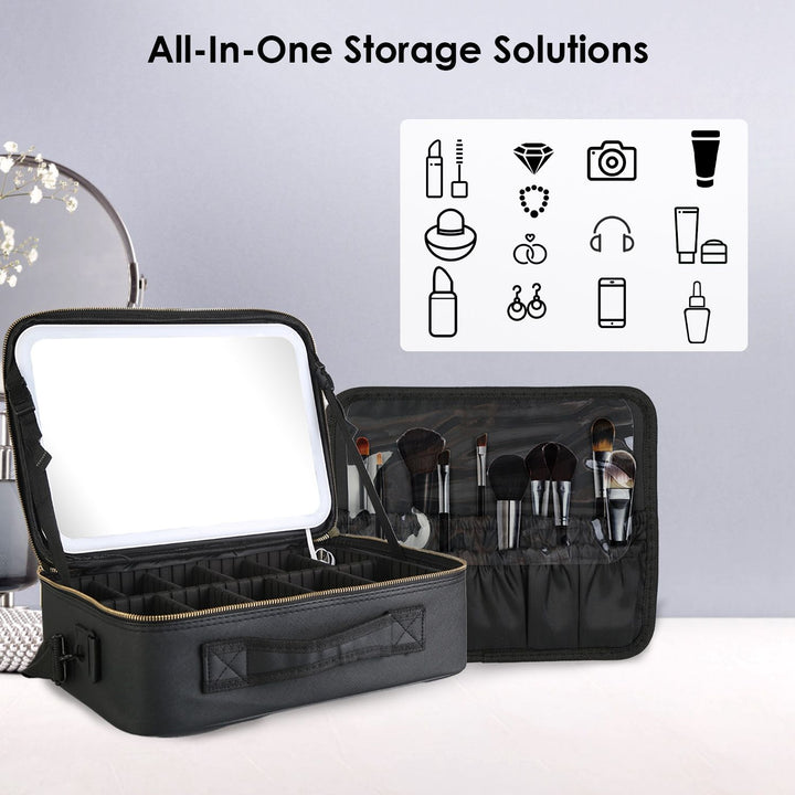 Travel Makeup Bag with LED Mirror Makeup Case Organizer with 3 Light Colors Adjustable Dividers Brush Holder Magnifying Mirror Dimmable USB Rechargeable