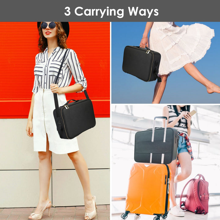 Travel Makeup Bag with LED Mirror Makeup Case Organizer with 3 Light Colors Adjustable Dividers Brush Holder Magnifying Mirror Dimmable USB Rechargeable