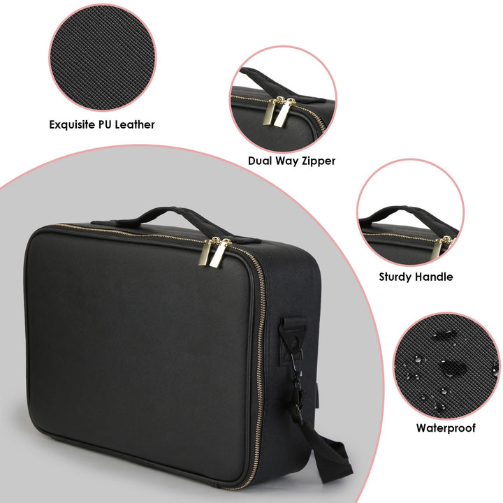 Travel Makeup Bag with LED Mirror Makeup Case Organizer with 3 Light Colors Adjustable Dividers Brush Holder Magnifying Mirror Dimmable USB Rechargeable