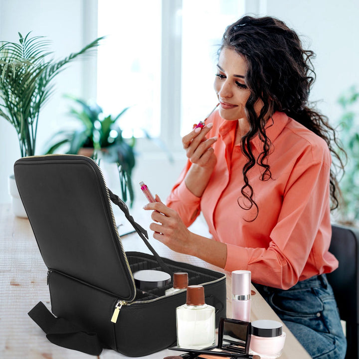 Travel Makeup Bag with LED Mirror Makeup Case Organizer with 3 Light Colors Adjustable Dividers Brush Holder Magnifying Mirror Dimmable USB Rechargeable