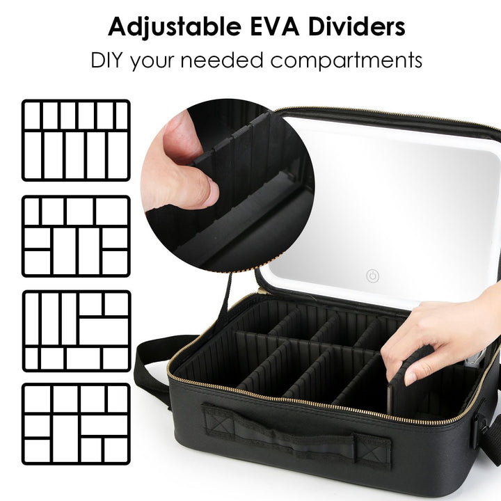 Travel Makeup Bag with LED Mirror Makeup Case Organizer with 3 Light Colors Adjustable Dividers Brush Holder Magnifying Mirror Dimmable USB Rechargeable