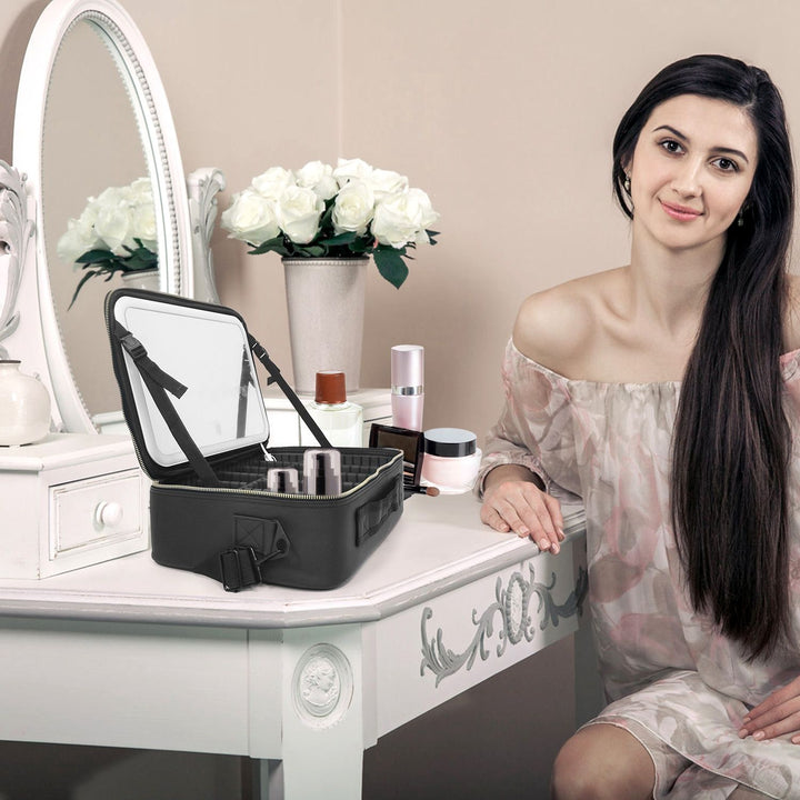 Travel Makeup Bag with LED Mirror Makeup Case Organizer with 3 Light Colors Adjustable Dividers Brush Holder Magnifying Mirror Dimmable USB Rechargeable