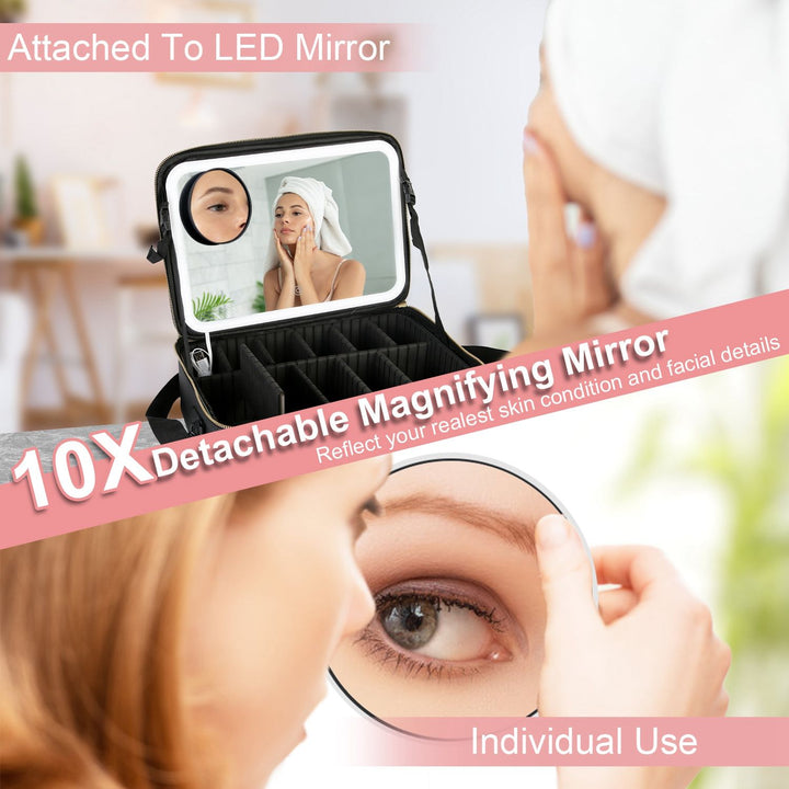 Travel Makeup Bag with LED Mirror Makeup Case Organizer with 3 Light Colors Adjustable Dividers Brush Holder Magnifying Mirror Dimmable USB Rechargeable