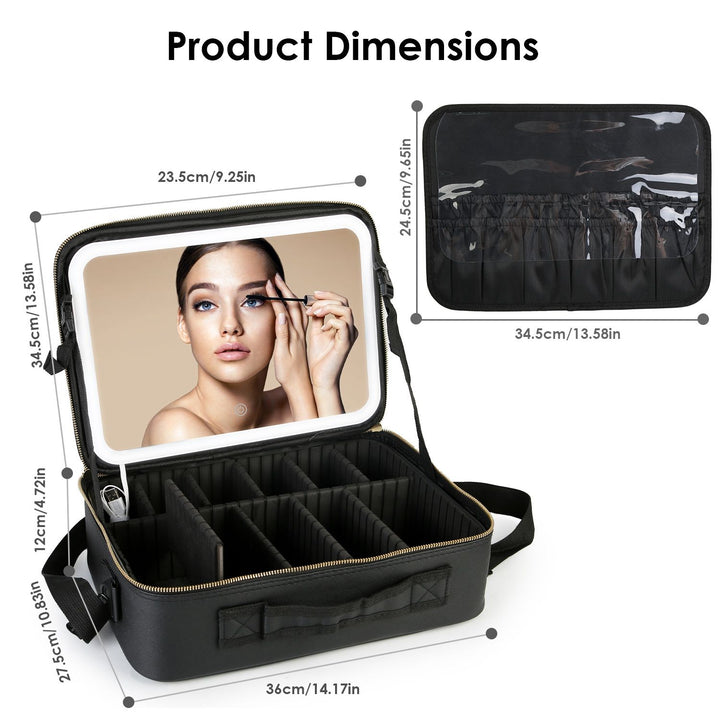 Travel Makeup Bag with LED Mirror Makeup Case Organizer with 3 Light Colors Adjustable Dividers Brush Holder Magnifying Mirror Dimmable USB Rechargeable